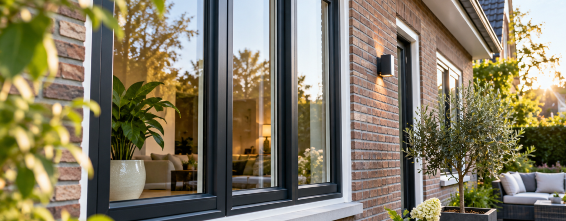 Moderne woning met stijlvolle donkere kozijnen, grote ramen en een verzorgde tuin.