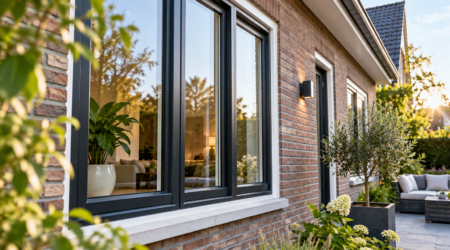 Moderne woning met stijlvolle donkere kozijnen, grote ramen en een verzorgde tuin.
