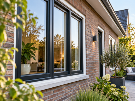 Moderne woning met stijlvolle donkere kozijnen, grote ramen en een verzorgde tuin.