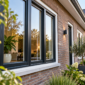Moderne woning met stijlvolle donkere kozijnen, grote ramen en een verzorgde tuin.